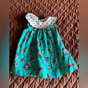 Vintage Ruth of Carolina girls smock style dress teal with fish and polka dot